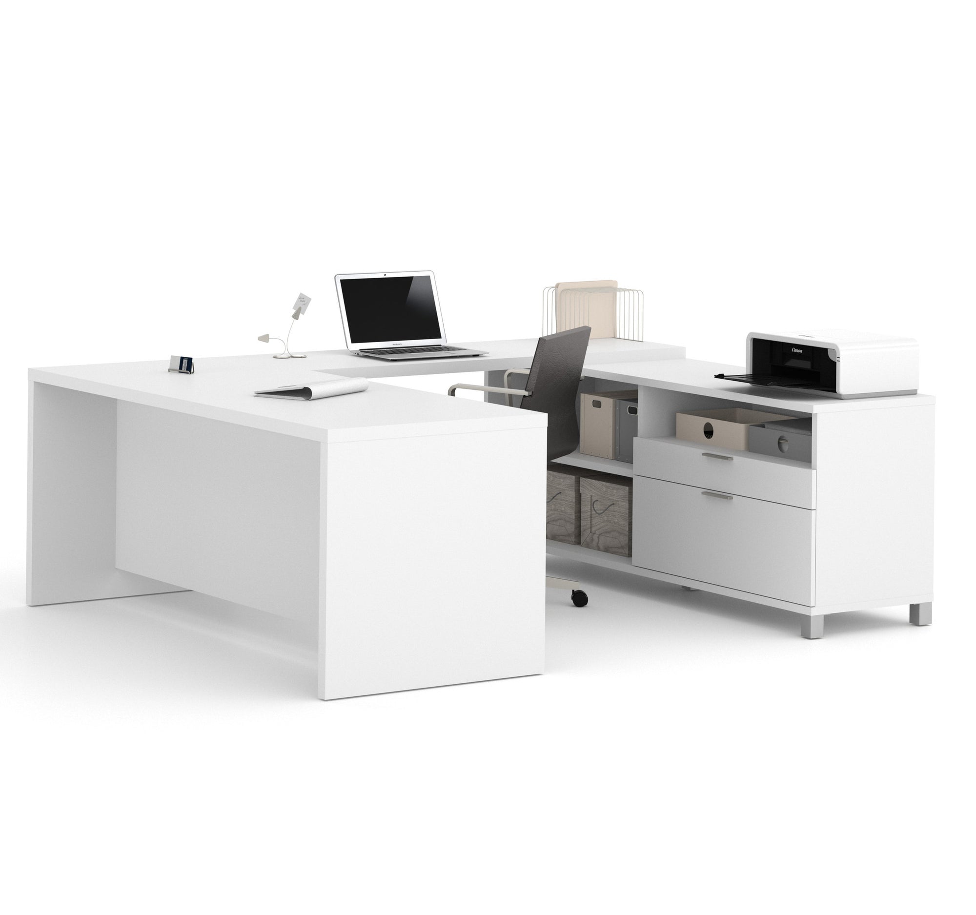 Modern White U-shaped Desk with Built-in Storage