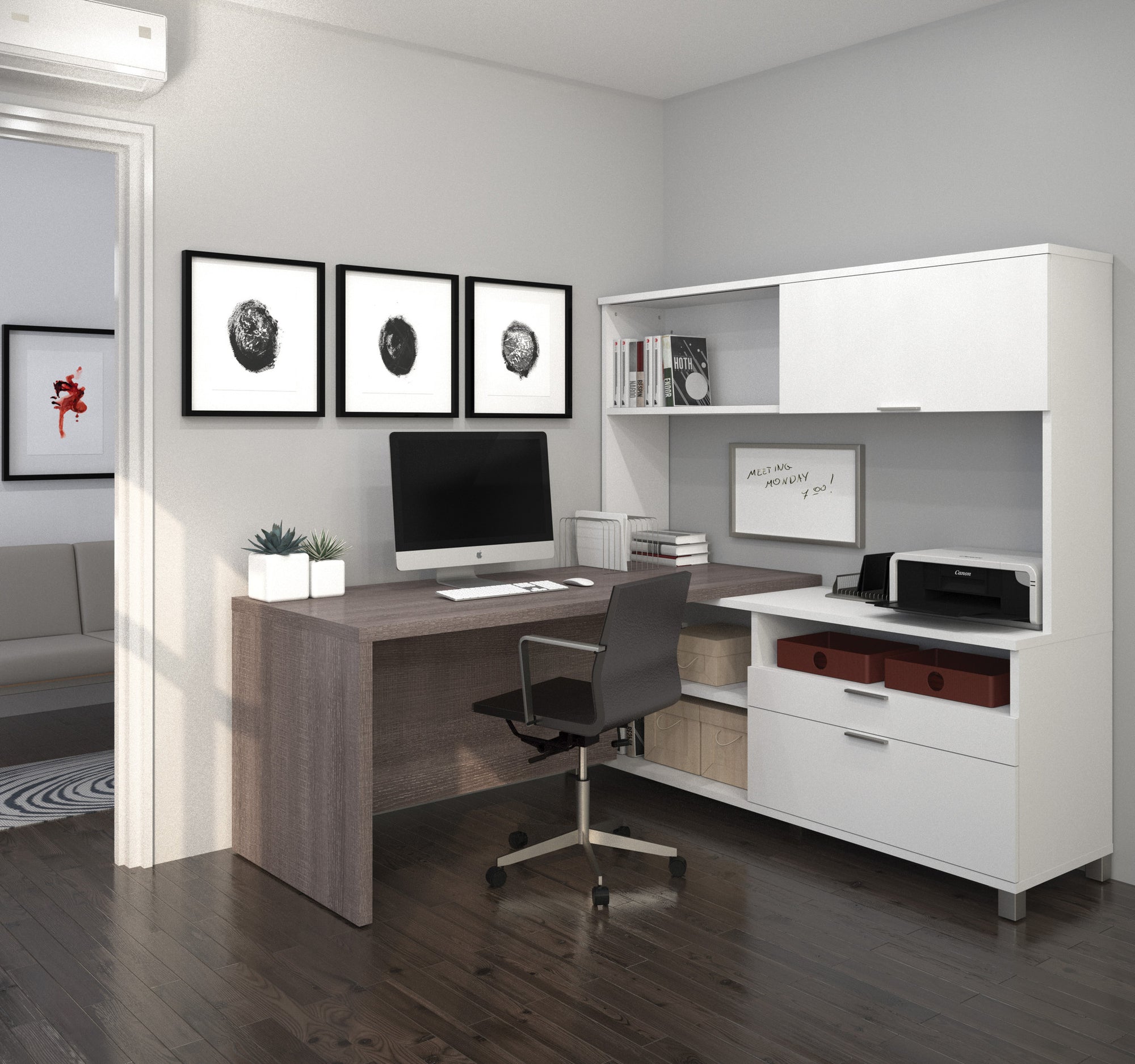 71 Modern White Home Office Executive Desk with Drawers & Storage Cabinet  in Gold Base