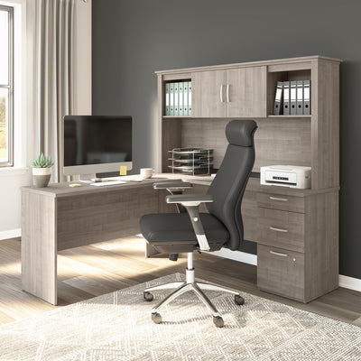67" Silver Maple L-Shaped Desk with Hutch