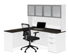 White & Deep Gray Modern L-shaped Desk & Hutch with Glass Doors