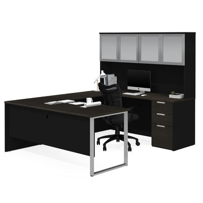 Modern U-shaped Desk with Hutch in Deep Gray & Black