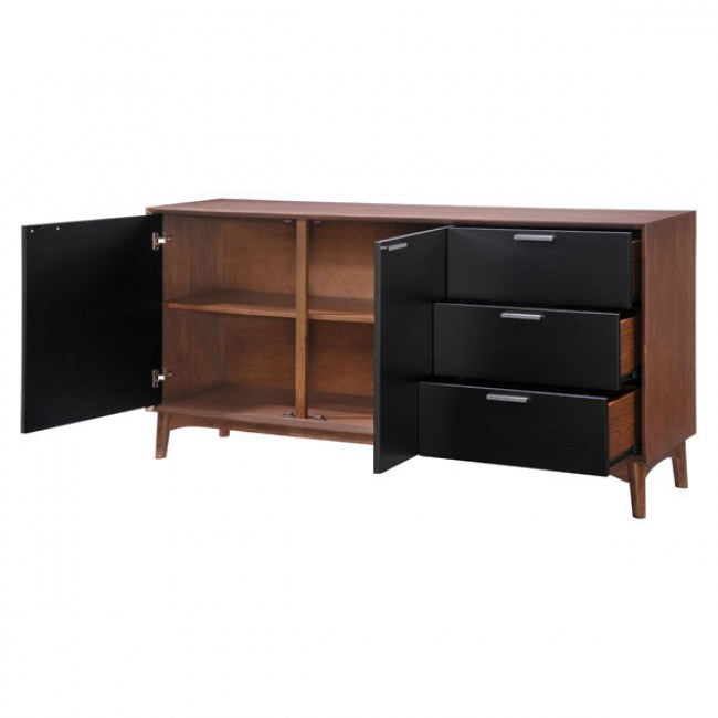 Mid-Century Style Black and Walnut Storage Credenza