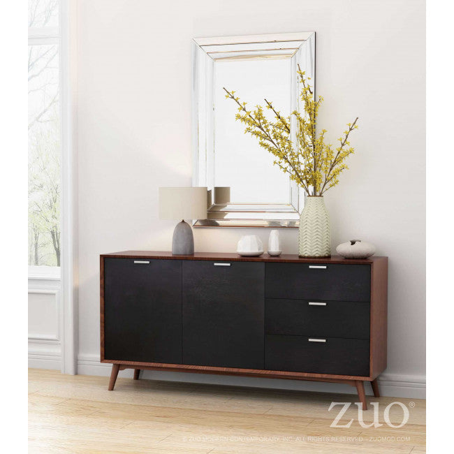 Mid-Century Style Black and Walnut Storage Credenza
