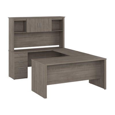 67" Elegant U-Shaped Desk in Silver Maple with Hutch