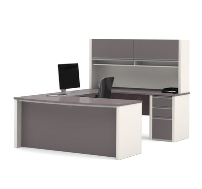 71" Executive U-Shaped Desk with File Drawers and Hutch in Slate and Sandstone