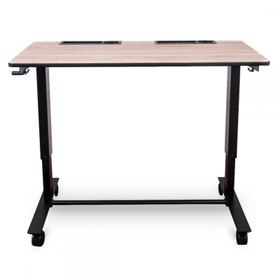Black & Wood Standing Office Desk w/ Crank Handle and Built-In Cup Holders