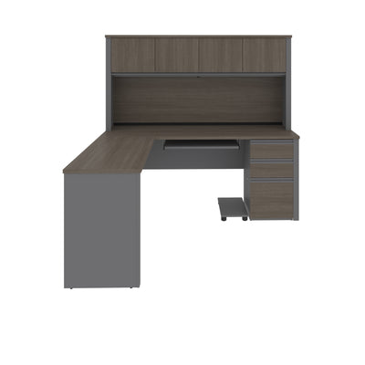 L-shaped Desk with Hutch in Modern Bark Gray and Slate
