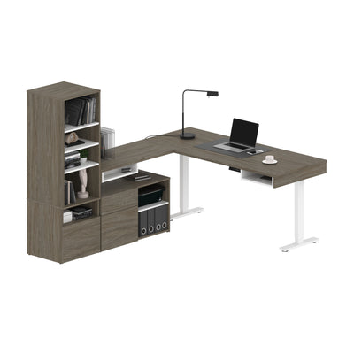 Set of Two 88" L-Shaped Adjustable Desks with Built-in Storage in Walnut Gray
