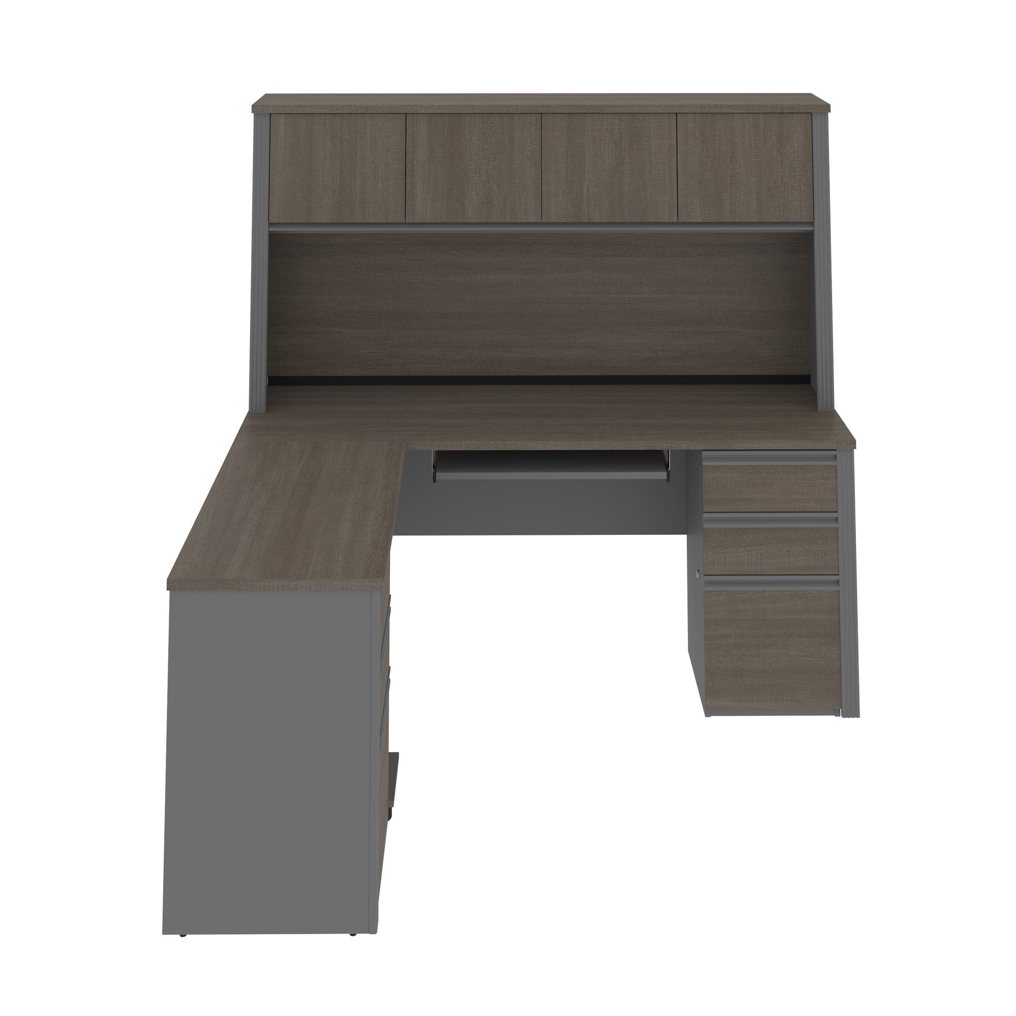 Premium L-shaped Double Pedestal Desk with Hutch in Bark Gray and Slate
