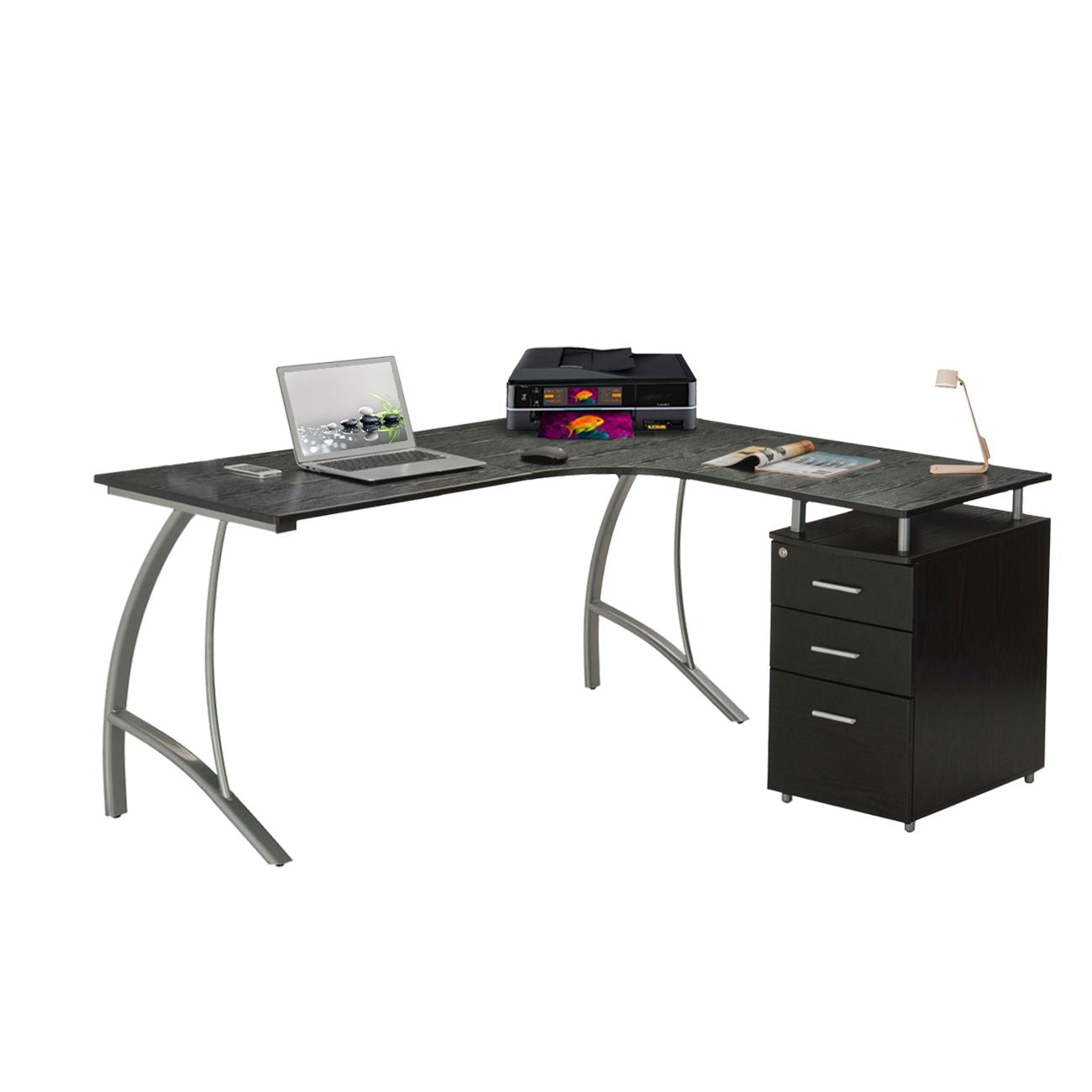 59" Curved L-Desk in Espresso with Locking File