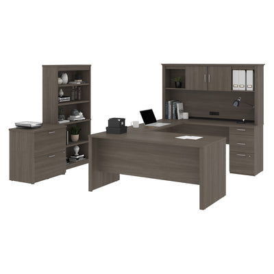 66" U- or L-Shaped Desk Set with File & Bookcase in Bark Gray