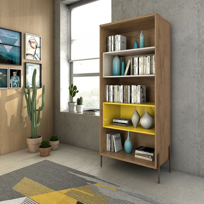 Eye-Catching Yellow, White, & Wood Storage Bookcase