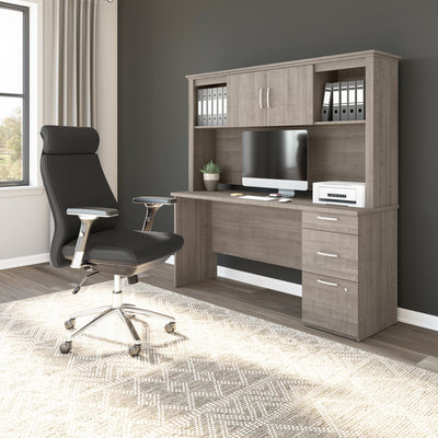 66" Silver Maple Desk with Hutch and Built-in File