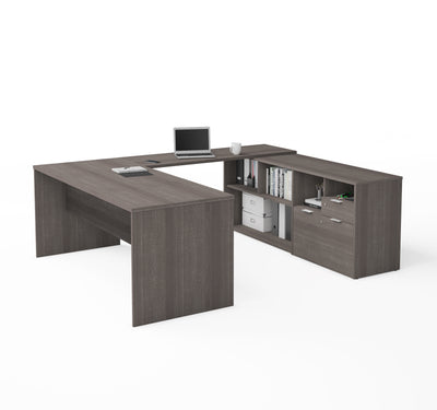 Modern U-Shaped Office Desk in Bark Gray with Credenza