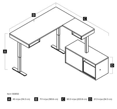 71" Adjustable Standing Desk in Black & White with Credenza