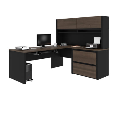 71" x 83" L-shaped Desk with Hutch & Oversized File Cabinet in Antigua & Black
