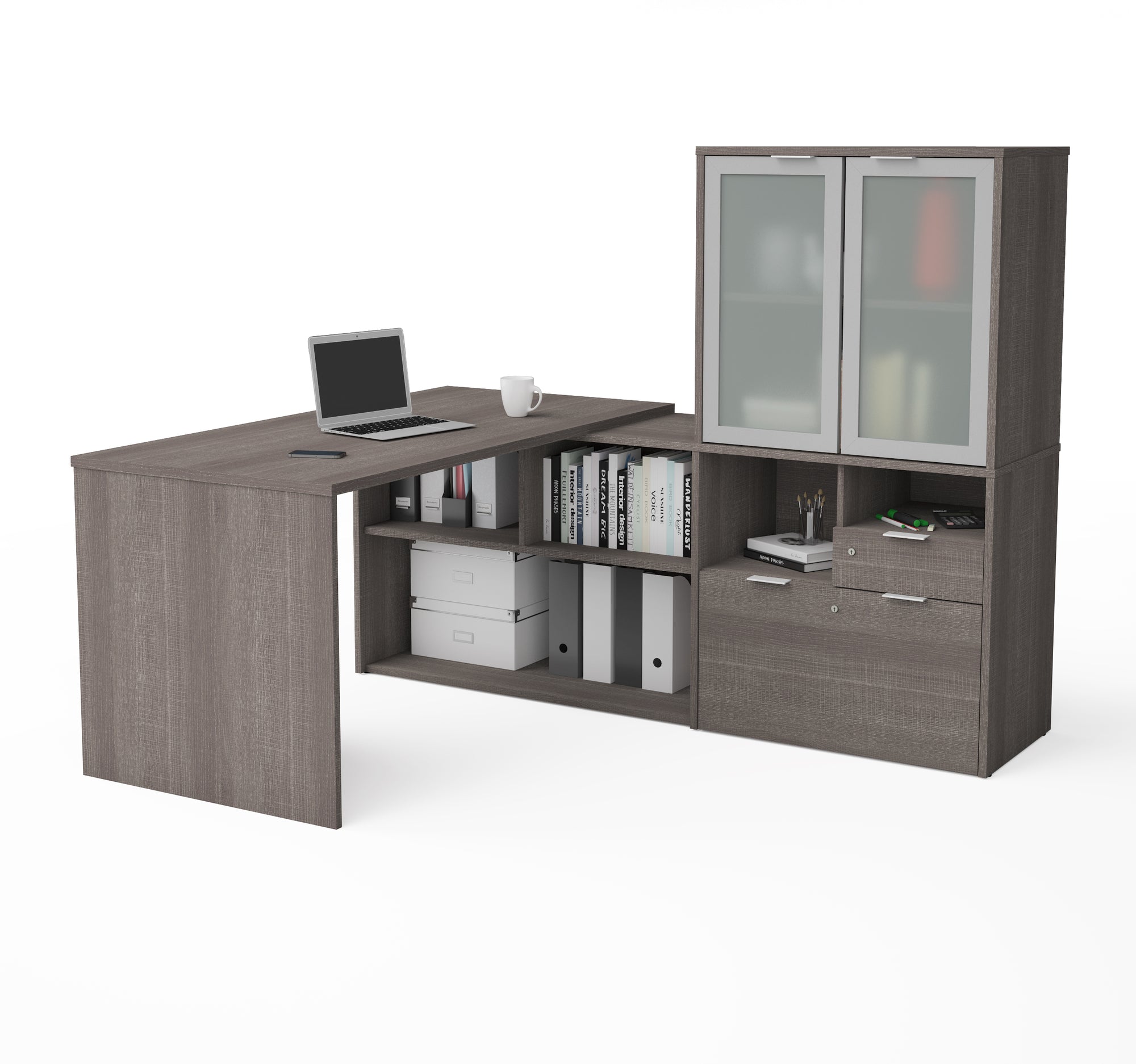 71" Bark Gray L-shaped Desk with Frosted Hutch