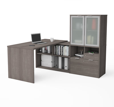 71" Bark Gray L-shaped Desk with Frosted Hutch