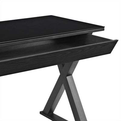 48" Black Modern X-Frame Desk with Drawer & Glass Top