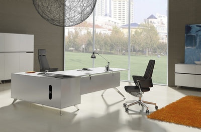 Modern White Lacquer L-shaped Executive Desk with Storage