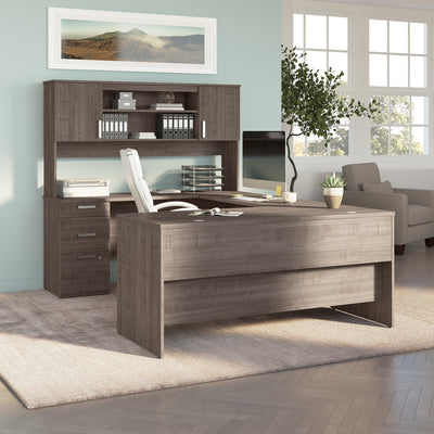 94" Gray Maple U-Desk with Hutch