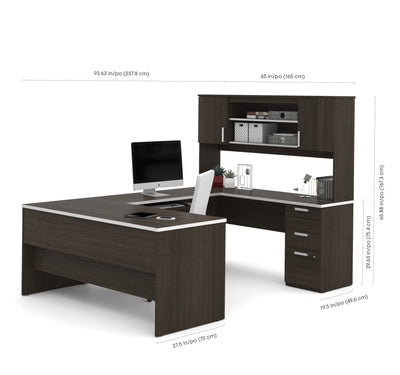 U-Shaped Executive Desk and Hutch with Dark Chocolate Top - Includes Matching File Cabinet and Bookcase