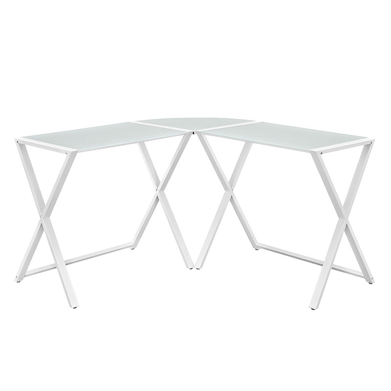 Modern X-frame White Glass & Steel L-shaped Office Desk