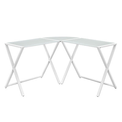 Modern X-frame White Glass & Steel L-shaped Office Desk