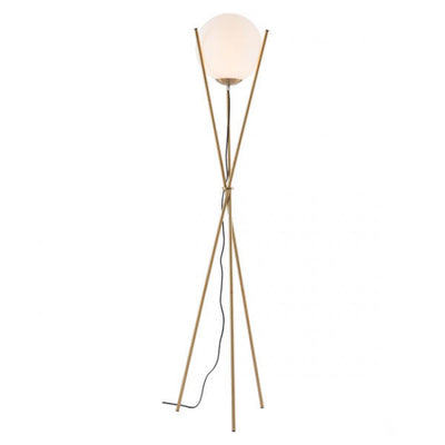 Brushed Brass Three-Legged Floor Lamp w/ Orb Lamp