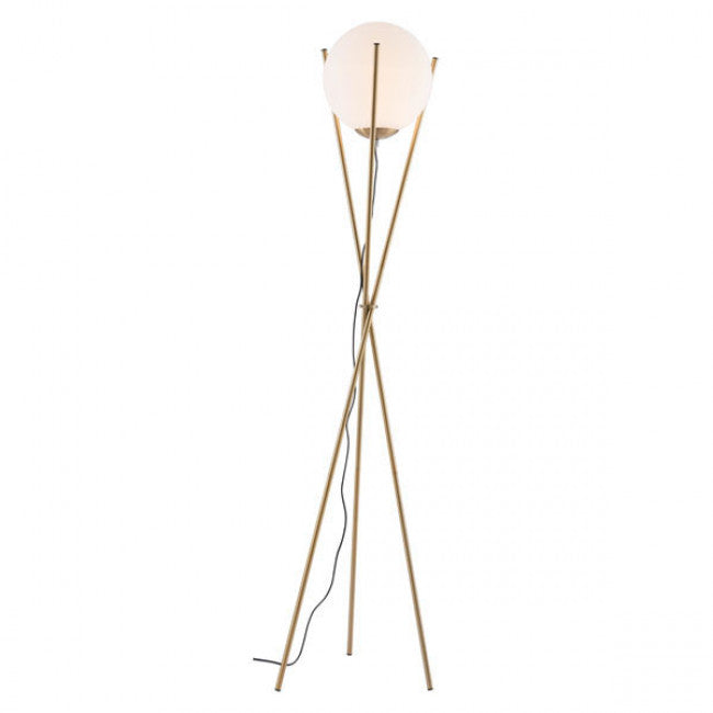 Brushed Brass Three-Legged Floor Lamp w/ Orb Lamp