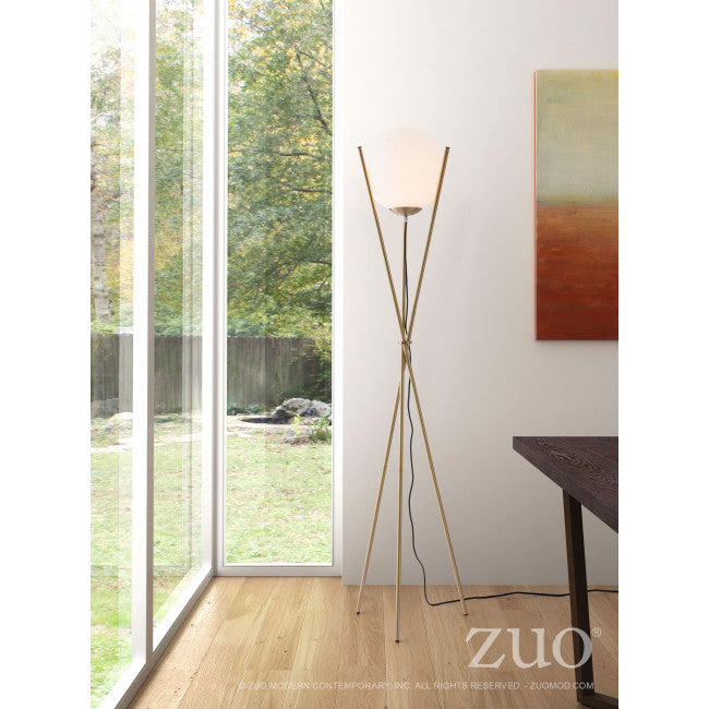Brushed Brass Three-Legged Floor Lamp w/ Orb Lamp