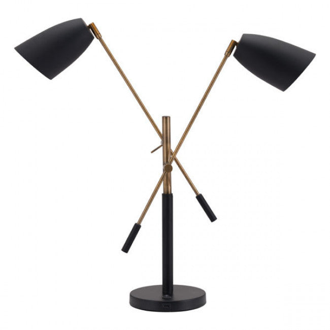 Versatile Two-Light Black & Brass Office Desk Lamp