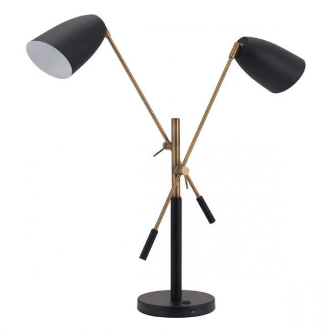 Versatile Two-Light Black & Brass Office Desk Lamp