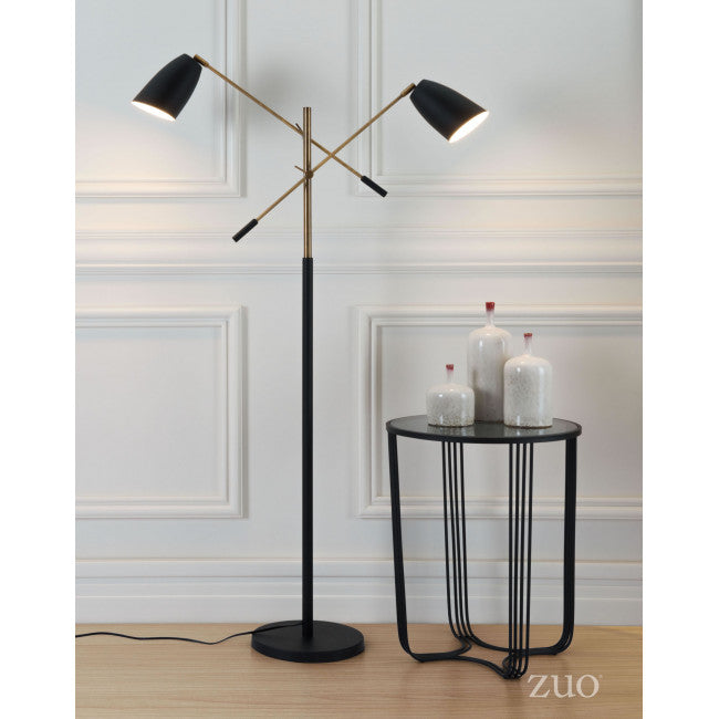 Versatile Two Light Black & Brass Office Floor Lamp