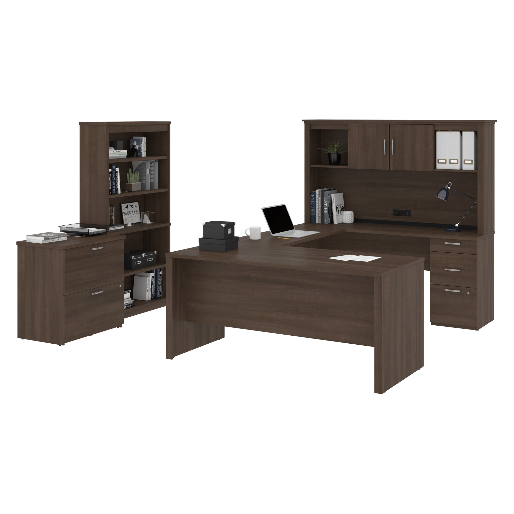 66" U- or L-Shaped Desk Set with File & Bookcase in Antigua