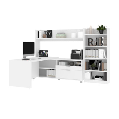 101" Open-Top L-Desk in White with Integrated Bookcase/Hutch