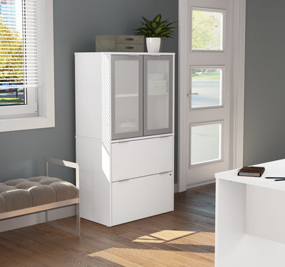 Premium White File Cabinet & Storage Hutch with Frosted Glass Doors