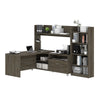 101" Open-Top L-Desk in Walnut Gray with Integrated Bookcase/Hutch