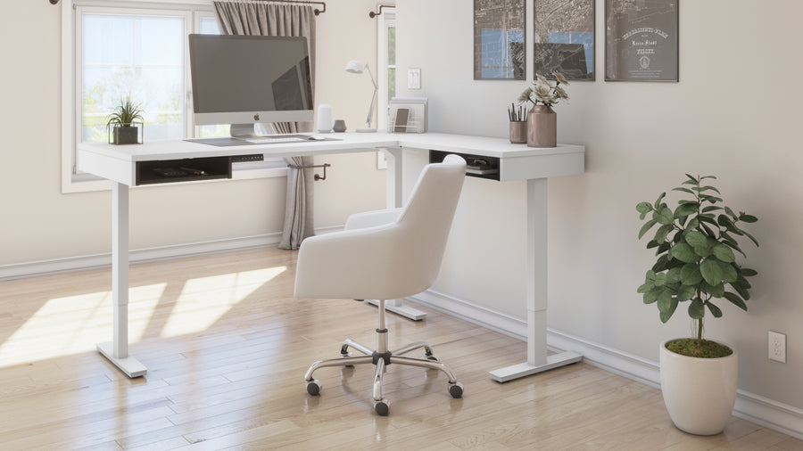 71" White and Black Adjustable Standing L-Shaped Desk