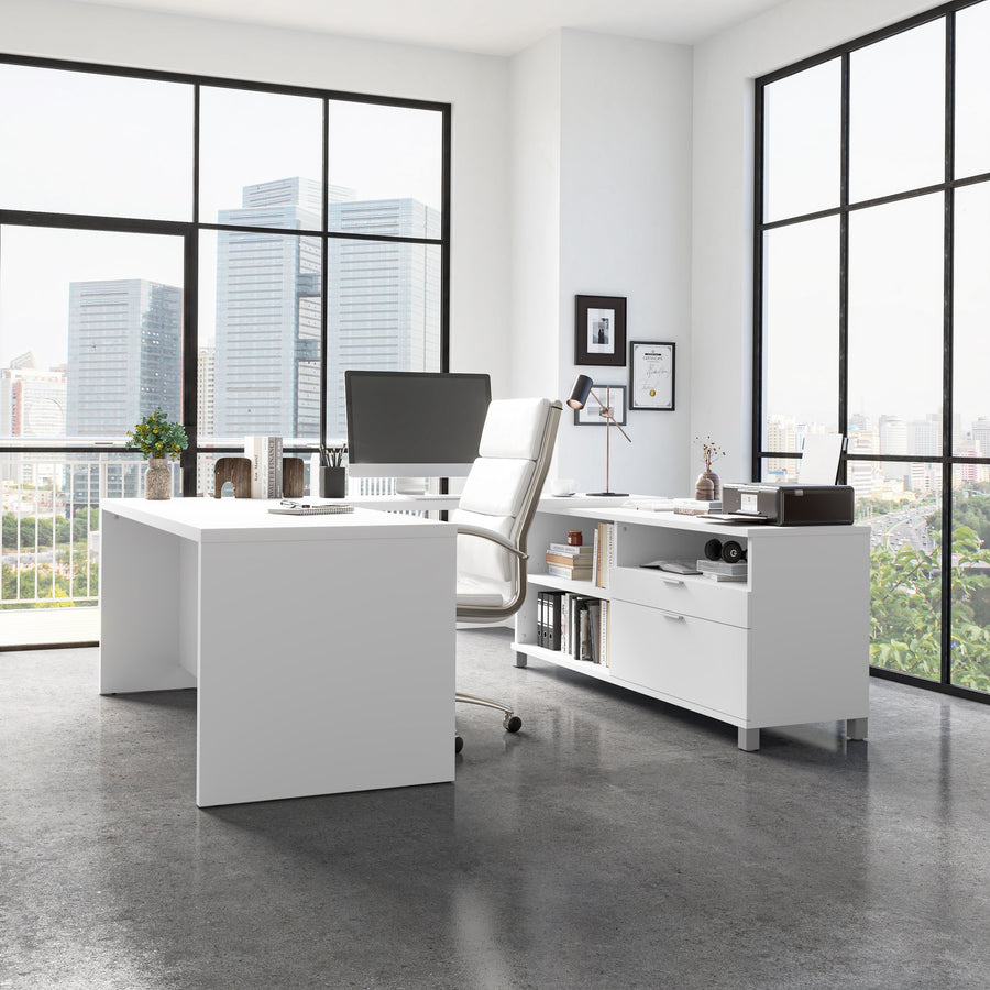 Modern White U-shaped Desk with Built-in Storage