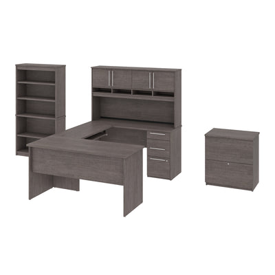 60" U- or L-Shaped Desk Set with Bookcase & File in Bark Gray