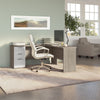 65" L-Shaped Desk in Silver Maple & White with File Cabinet