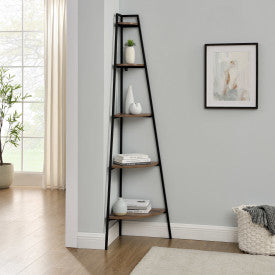 72" Industrial Corner Ladder Bookshelf in Rustic Oak Finish