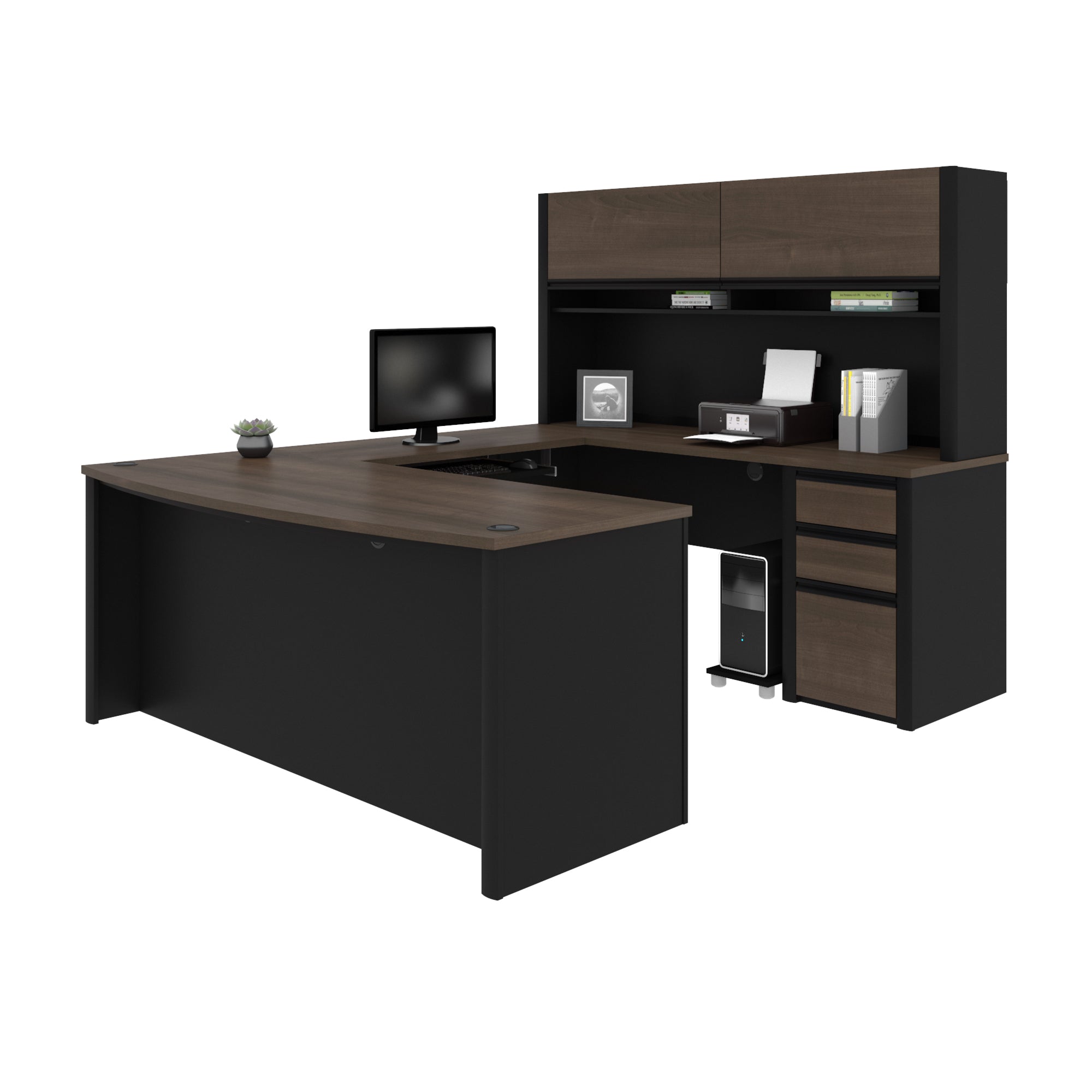 71" Executive U-Shaped Desk with File Drawers and Hutch in Antigua and Black
