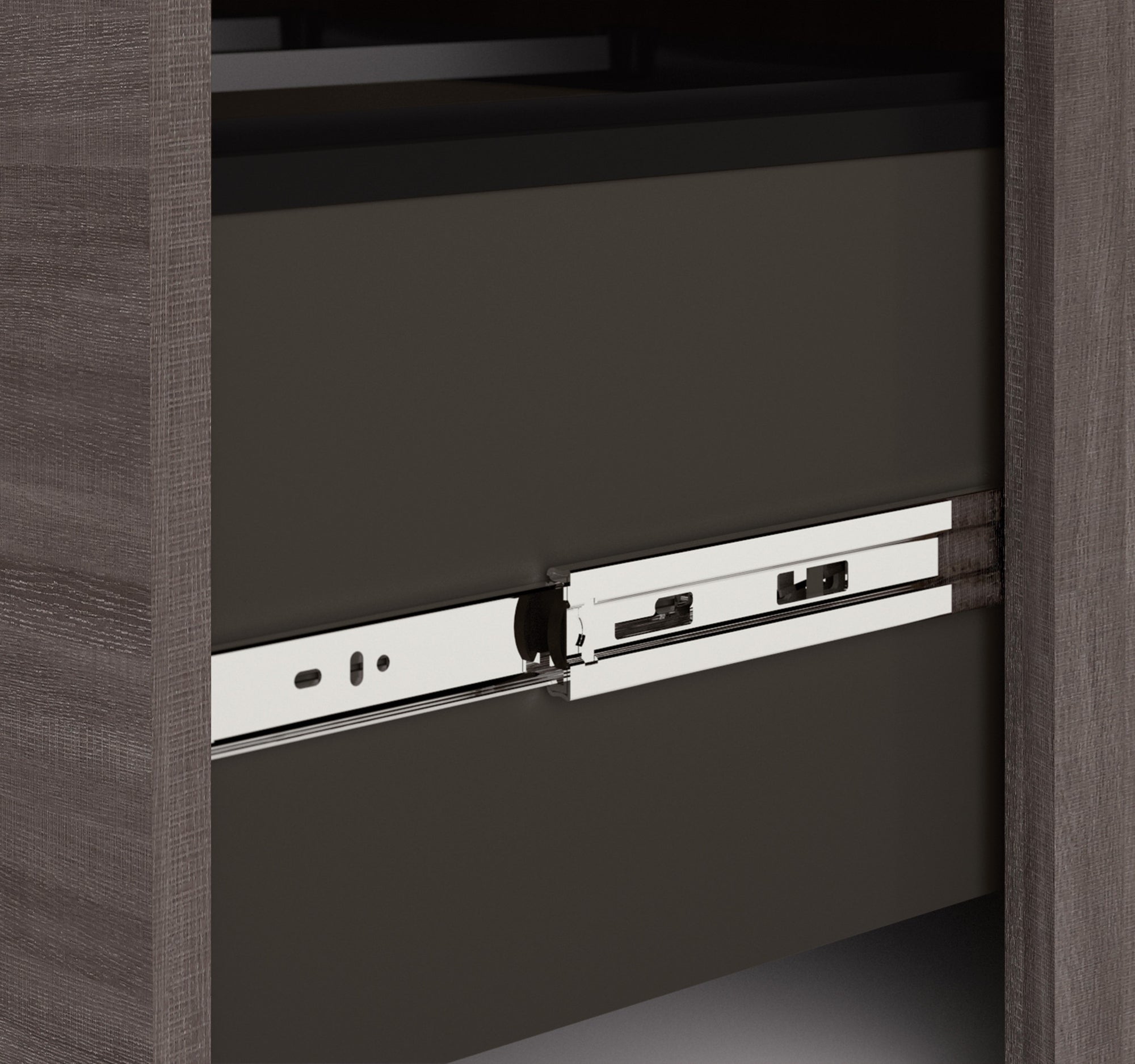 Modern Bark Gray L-shaped Desk and Hutch with Frosted Glass Doors