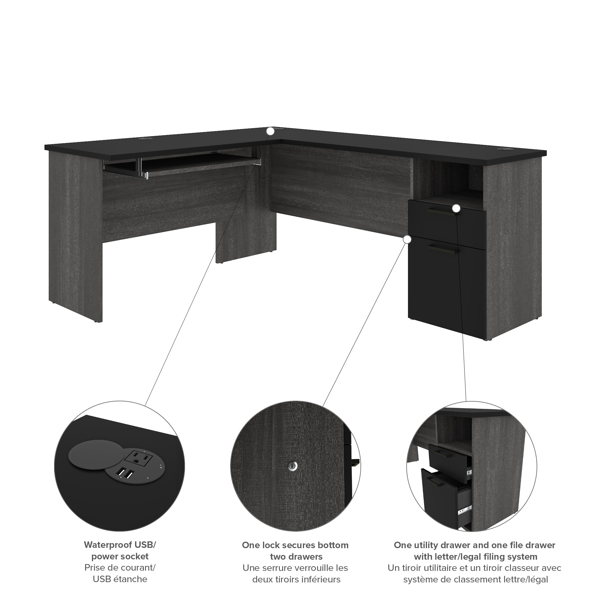 Bark Gray & Black Modern L-shaped Desk with Hutch