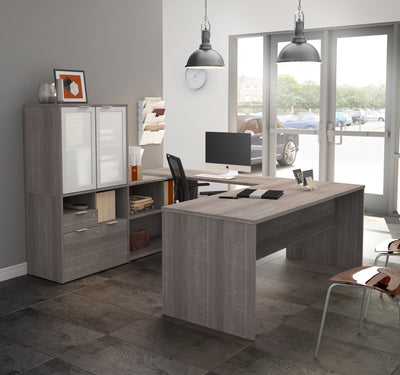 71" X 88" U-Shaped Desk in Bark Gray with Frosted Hutch