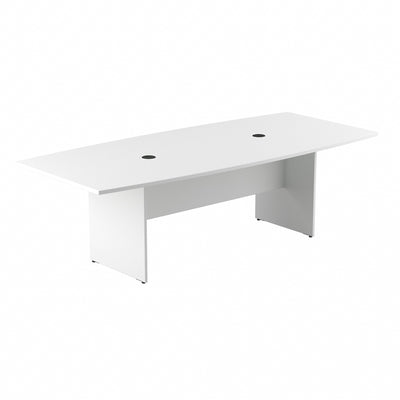 96" X 42" Boat-Shaped White Conference Table with Wood Base