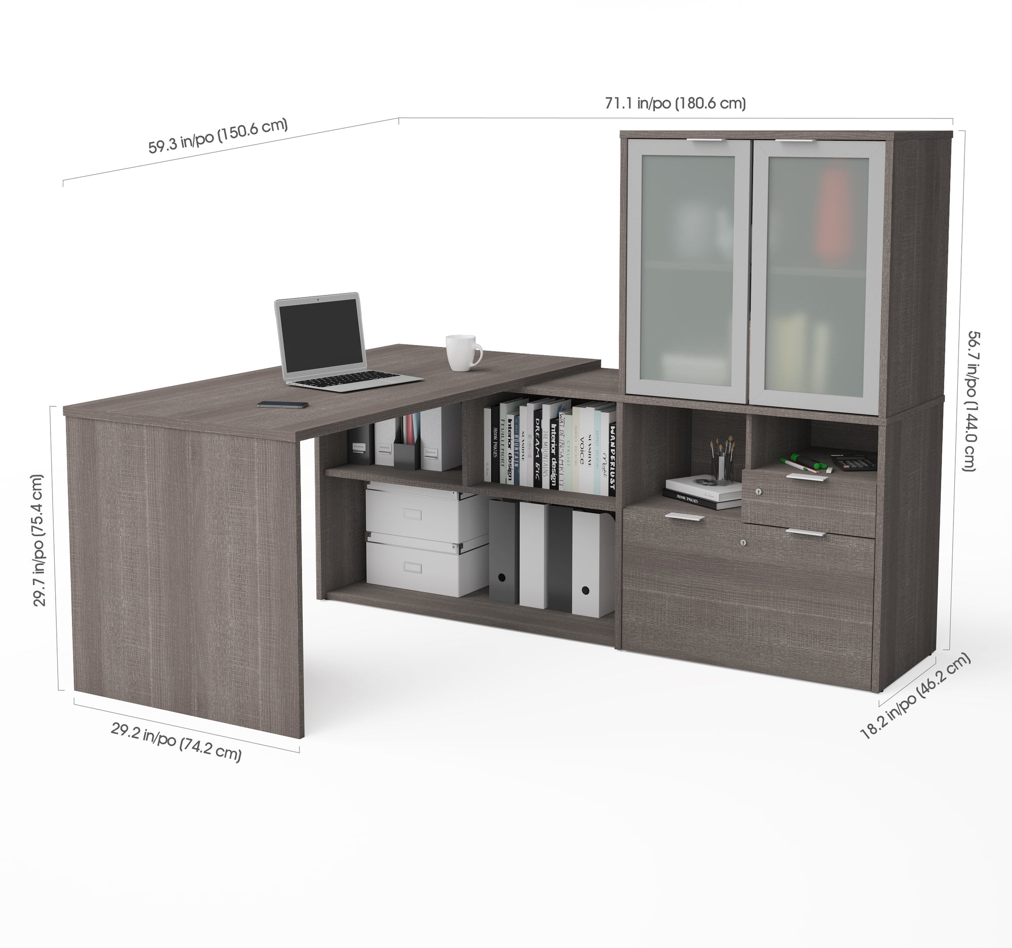 71" Bark Gray L-shaped Desk with Frosted Hutch