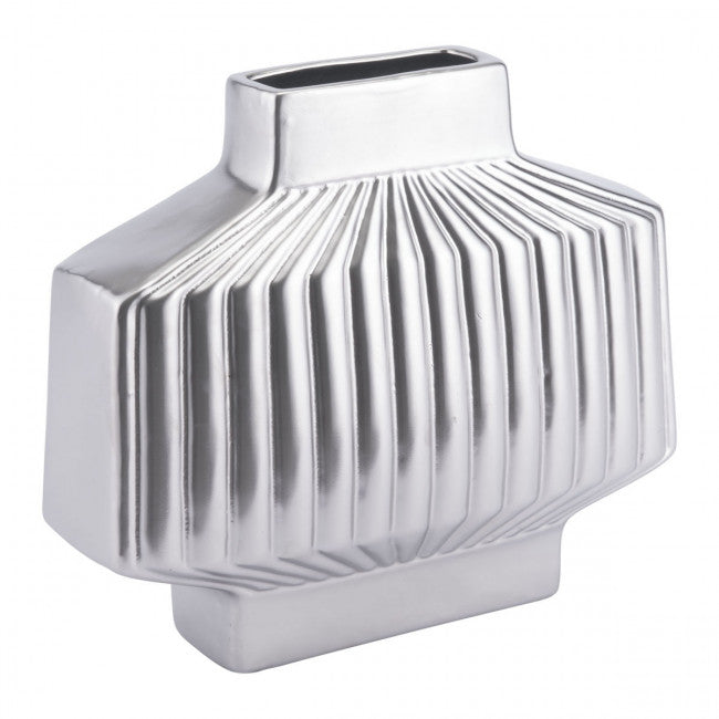 Retro Modern Silver Stoneware Ridged Vase
